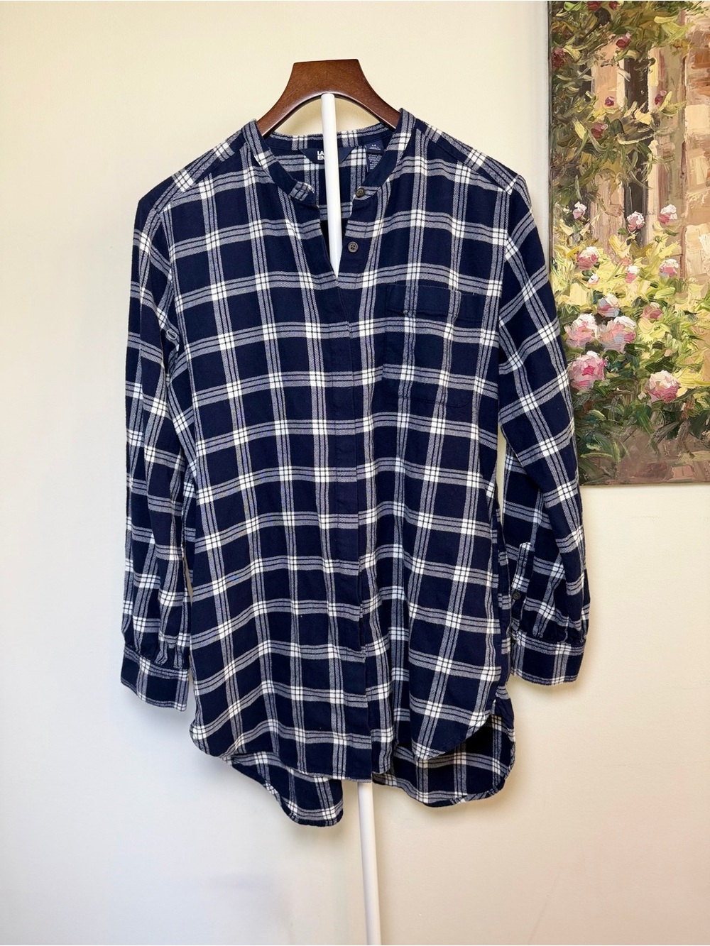 Lands’ End Navy White Plaid Flannel A-Line Tunic Shirt Medium Oversized